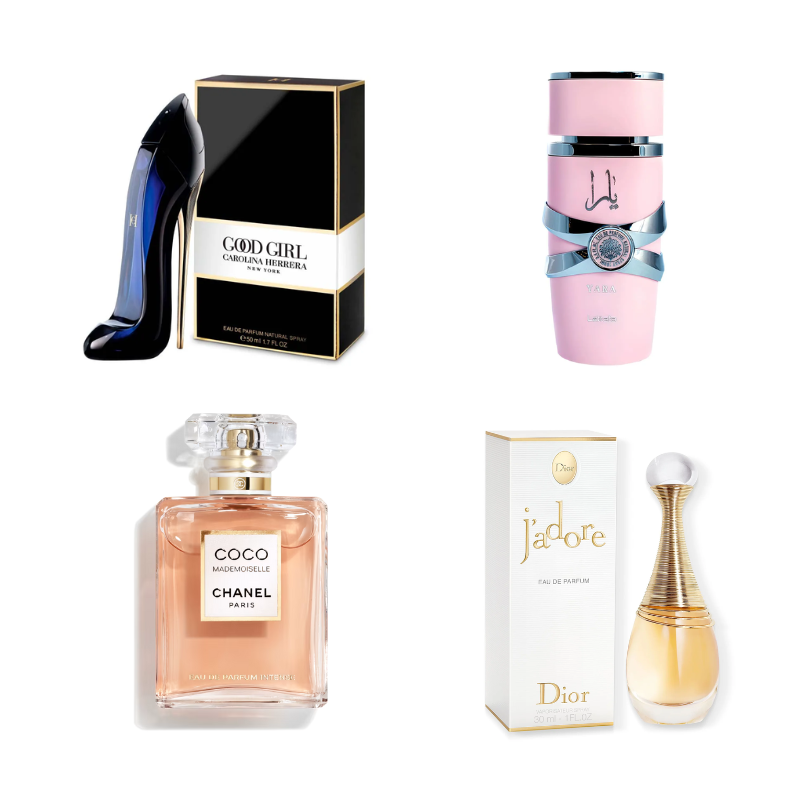 KIT SEDUCTION 4X1 - Coco Chanel, J'adore, Good Girl, Yara + Perfumero de regalo